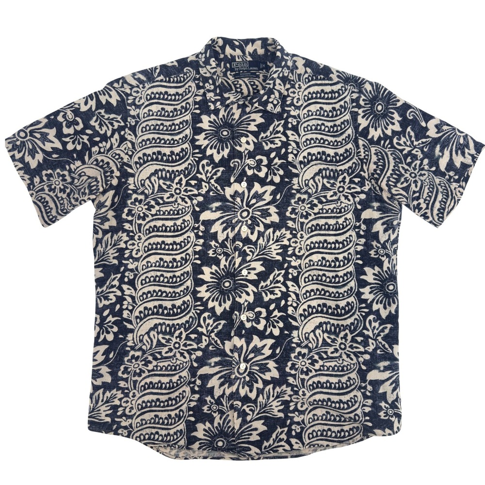 Vtg Polo Ralph Lauren Bonnard Shirt M Blue Linen Cotton Batik Floral Paisley 90s